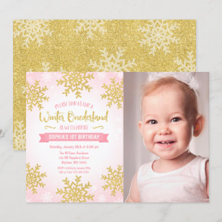 Pink Gold Winter ONEderland 1. Geburtstag Foto Einladung