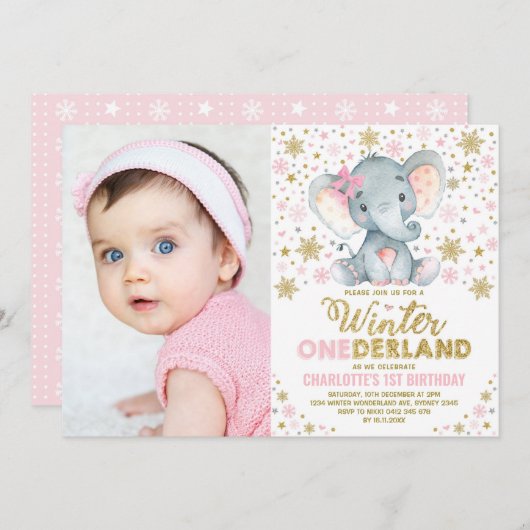 Pink Gold Winter Onederland Elephant 1. Geburtstag Einladung (Vorne/Hinten)