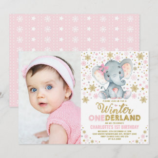 Pink Gold Winter Onederland Elephant 1. Geburtstag Einladung