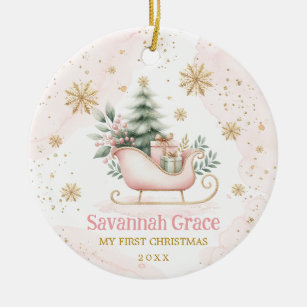 Pink Gold Winter Sleigh Baby Girl 1. Weihnachten Keramik Ornament