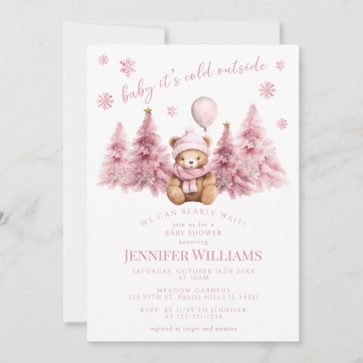 Pink Gold Winter Teddy Bear Pine Baby Girl Dusche Einladung (Vorderseite)