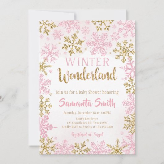 Pink Gold Winter Wonderland Baby Dusche Einladung (Vorderseite)