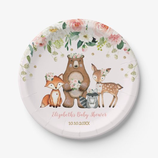 Pink Gold Woodland Animals Forest Floral Baby Girl Pappteller (Vorderseite)