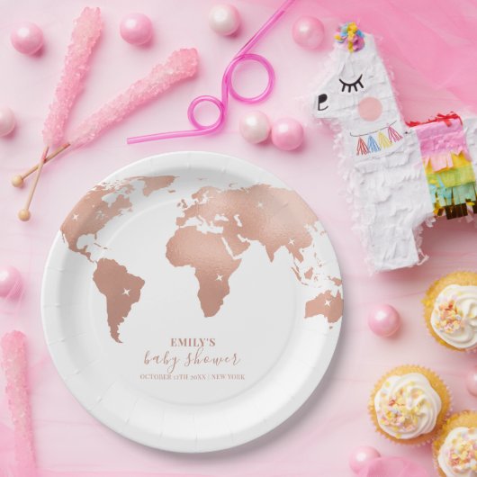 Pink Gold World Map Reiseabenteuerdusche Baby Pappteller (Party)