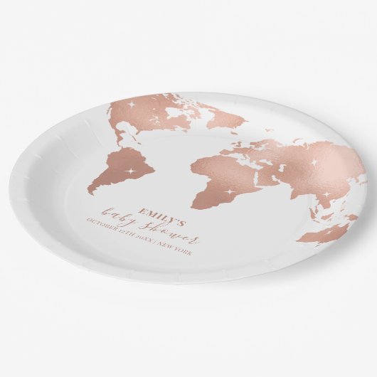 Pink Gold World Map Reiseabenteuerdusche Baby Pappteller (Schrägansicht)