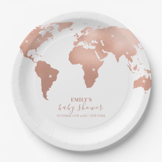Pink Gold World Map Reiseabenteuerdusche Baby Pappteller (Vorderseite)