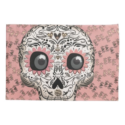 Pink & Gold Zuckerschädel und Niedliche Herzkranke Kissenbezug (Rückseite)