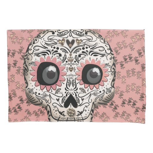 Pink & Gold Zuckerschädel und Niedliche Herzkranke Kissenbezug (Vorderseite)