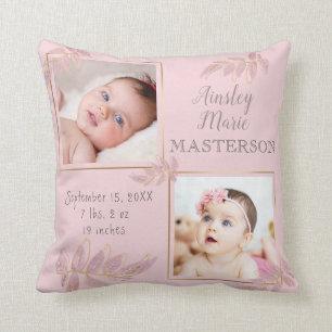 Pink Gold Zwei Foto Baby Girl Birth Stats Kissen
