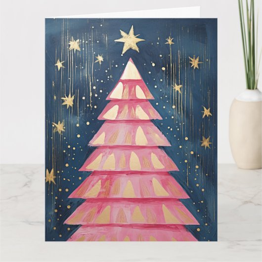 Pink Golden Christmas Tree Karte (Vorderseite)