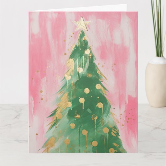 Pink Golden Christmas Tree Karte (Vorderseite)