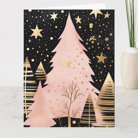 Pink Golden Christmas Tree Karte (Vorderseite)