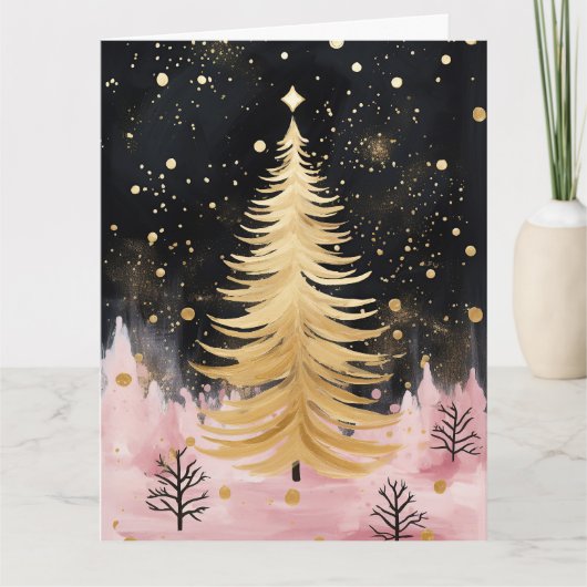 Pink Golden Christmas Tree Karte (Vorderseite)