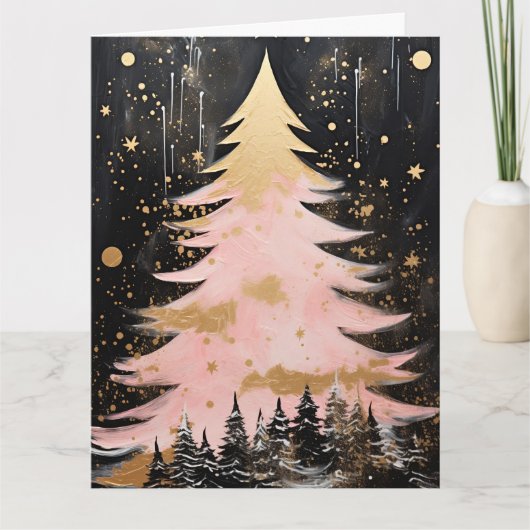Pink Golden Christmas Tree Karte (Vorderseite)