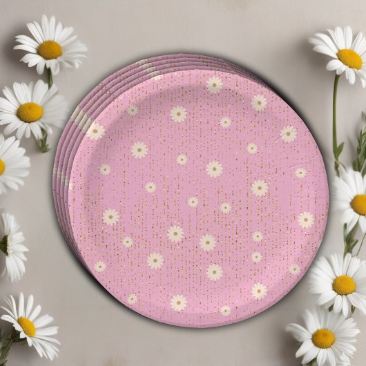 Pink Golden Daisy Glitzer Glow Baby Dusche Pappteller