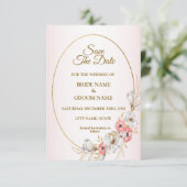 Pink Golden Floral Geometric Peach Wedding Save The Date (Stehend Vorderseite)