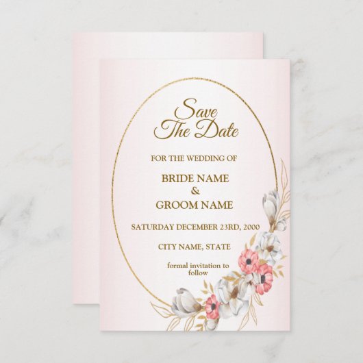 Pink Golden Floral Geometric Peach Wedding Save The Date (Vorne/Hinten)