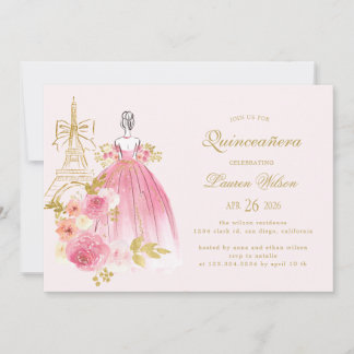 Pink Golden Floral Paris Chic Quinceanera Einladung