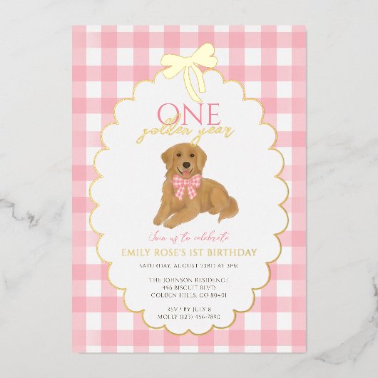 Pink Golden Retriever Puppy Pawty 1. Geburtstag Folieneinladung (Vorderseite)