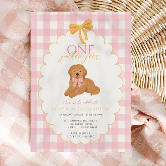 Pink Goldendoodle Dog First Birthday Party Einladung