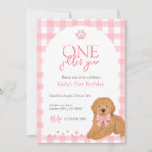 Pink Goldendoodle Dog One Golden Year birthday Einladung (Vorderseite)