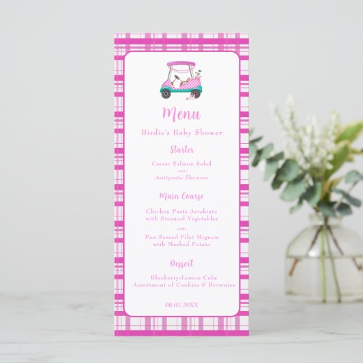 Pink Golf Cart Babyausstattung Babydusche Menükarte (Stehend Vorderseite)