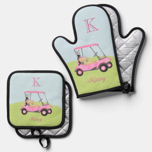 Pink Golf Cart Clubs Monogramm Name Ofenhandschuh & Topflappen-Set (Vorderseite/Rückseite)