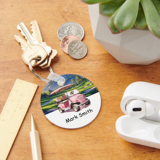 Pink Golf Cart für Golferin auf Grün Schlüsselanhänger (Schreibtisch)