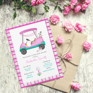 Pink Golf Cart mit Babyausstattung Babydusche Einladung