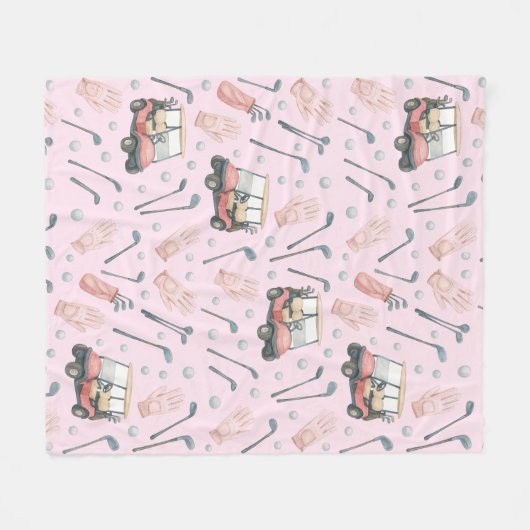 Pink Golf Cart Pattern Lady Golfer  Fleecedecke (Vorderseite (Horizontal))