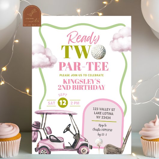 Pink-Golf-Kind-zwei-Par-Tee-Geburtstag Einladung