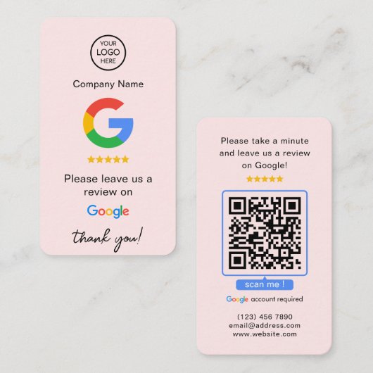Pink Google Reviews QR Code Business Review Us Visitenkarte (Vorne/Hinten)