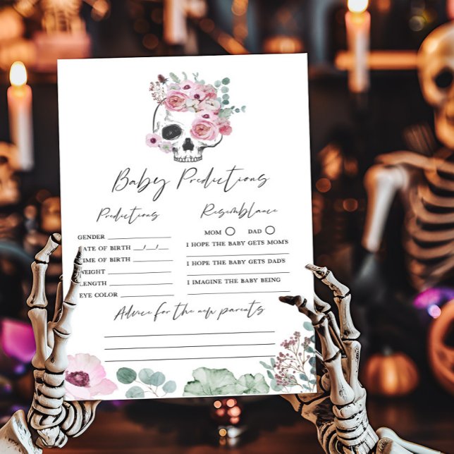 Pink Gothic Floral Skull Baby Predictions Spiel (Floral Skull Baby Shower Baby Predictions Game)