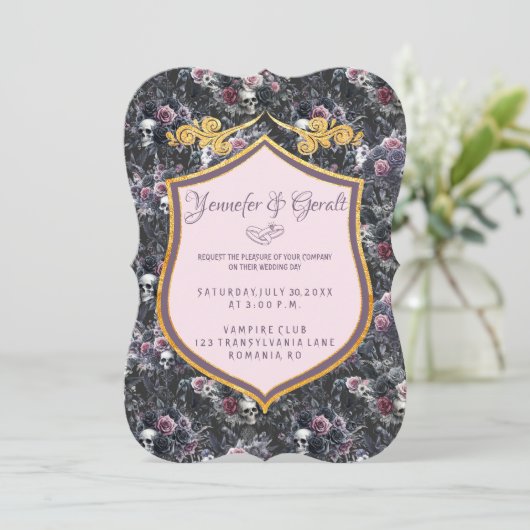 Pink Gothic Romantic Moody Blume Skull Einladung (Stehend Vorderseite)