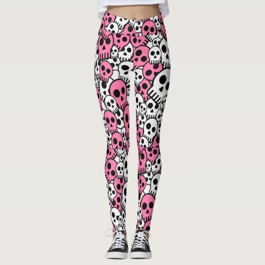 Pink Gothic Skull Pattern Print Leggings (Vorderseite)