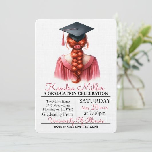 Pink Gown Watercolor Abschluss Einladung (Stehend Vorderseite)