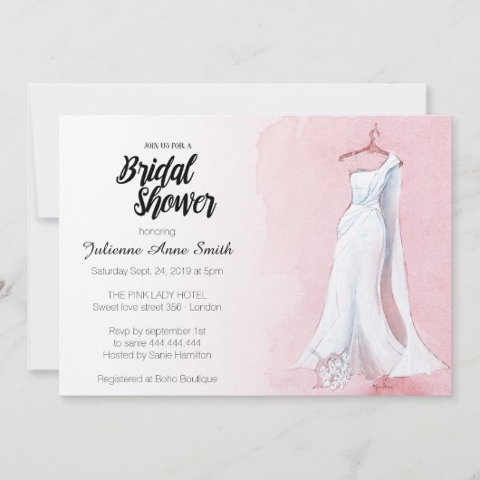Pink Gown Watercolor Bridal Dusche Einladung (Vorderseite)