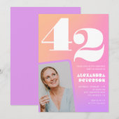 Pink Gradient 42. Geburtstagseinladung Retro Foto Einladung (Vorne/Hinten)
