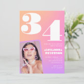 Pink Gradient Retro Foto 34. Geburtstag Einladung (Stehend Vorderseite)