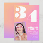 Pink Gradient Retro Foto 34. Geburtstag Einladung (Vorne/Hinten)