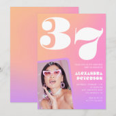 Pink Gradient Retro Foto 37. Geburtstag Einladung (Vorne/Hinten)