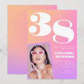 Pink Gradient Retro Foto 38. Geburtstag Einladung (Vorne/Hinten)