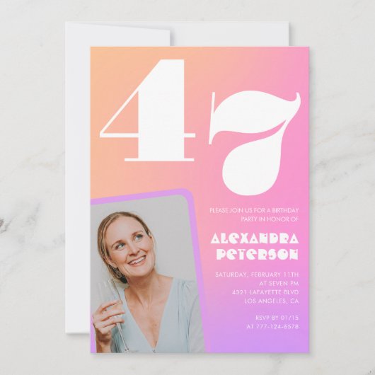 Pink Gradient Retro Foto 47. Geburtstag Einladung (Vorderseite)