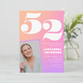 Pink Gradient Retro Foto 52. Geburtstag Einladung (Stehend Vorderseite)