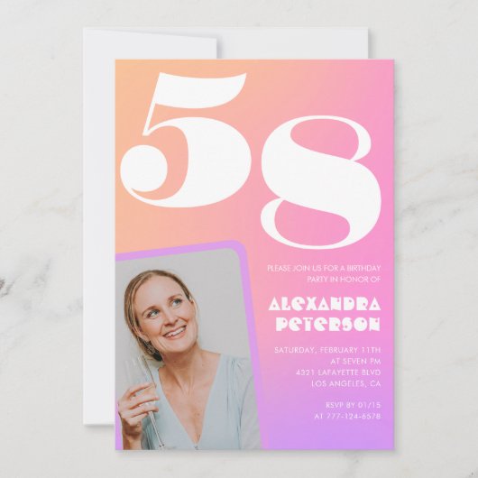 Pink Gradient Retro Foto 58. Geburtstag Einladung (Vorderseite)