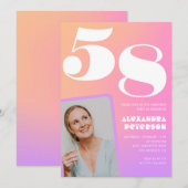 Pink Gradient Retro Foto 58. Geburtstag Einladung (Vorne/Hinten)