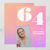Pink Gradient Retro Foto 64. Geburtstag Einladung (Vorne/Hinten)