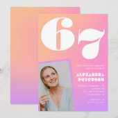 Pink Gradient Retro Foto 67. Geburtstag Einladung (Vorne/Hinten)
