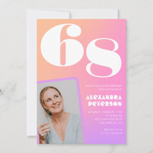 Pink Gradient Retro Foto 68. Geburtstag Einladung (Vorderseite)