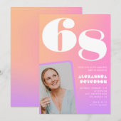 Pink Gradient Retro Foto 68. Geburtstag Einladung (Vorne/Hinten)
